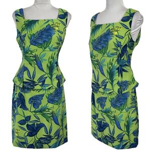 Vintage Tropical Banana Leaf Mini Skirt Set 2 Pc Lime Green Blue Tank Top M 8